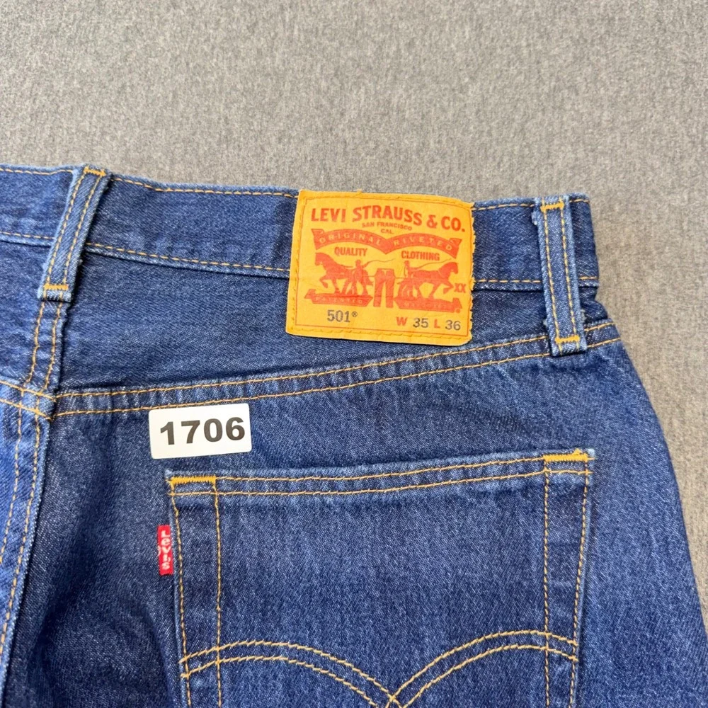 Levis 501 Original Fit Mens Dark Wash Indigo Button Fly Straight Leg Jeans 35x36
